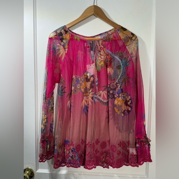 New with tags JOHNNY WAS Mazzy Floral Print Contrast Embroidered Mesh Top - Picture 3 of 6